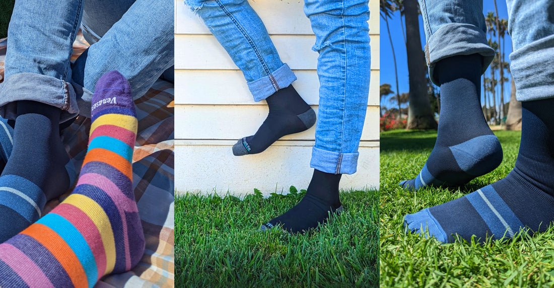 3 images with people's legs with venasense compression socks on while wearing jeans