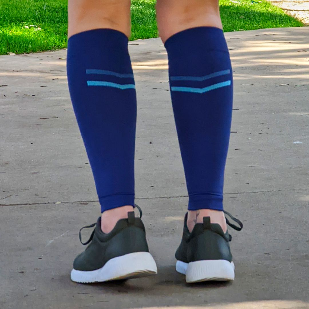 woman legs wearing Venasense Blue Speed Compression Calf Sleeves 