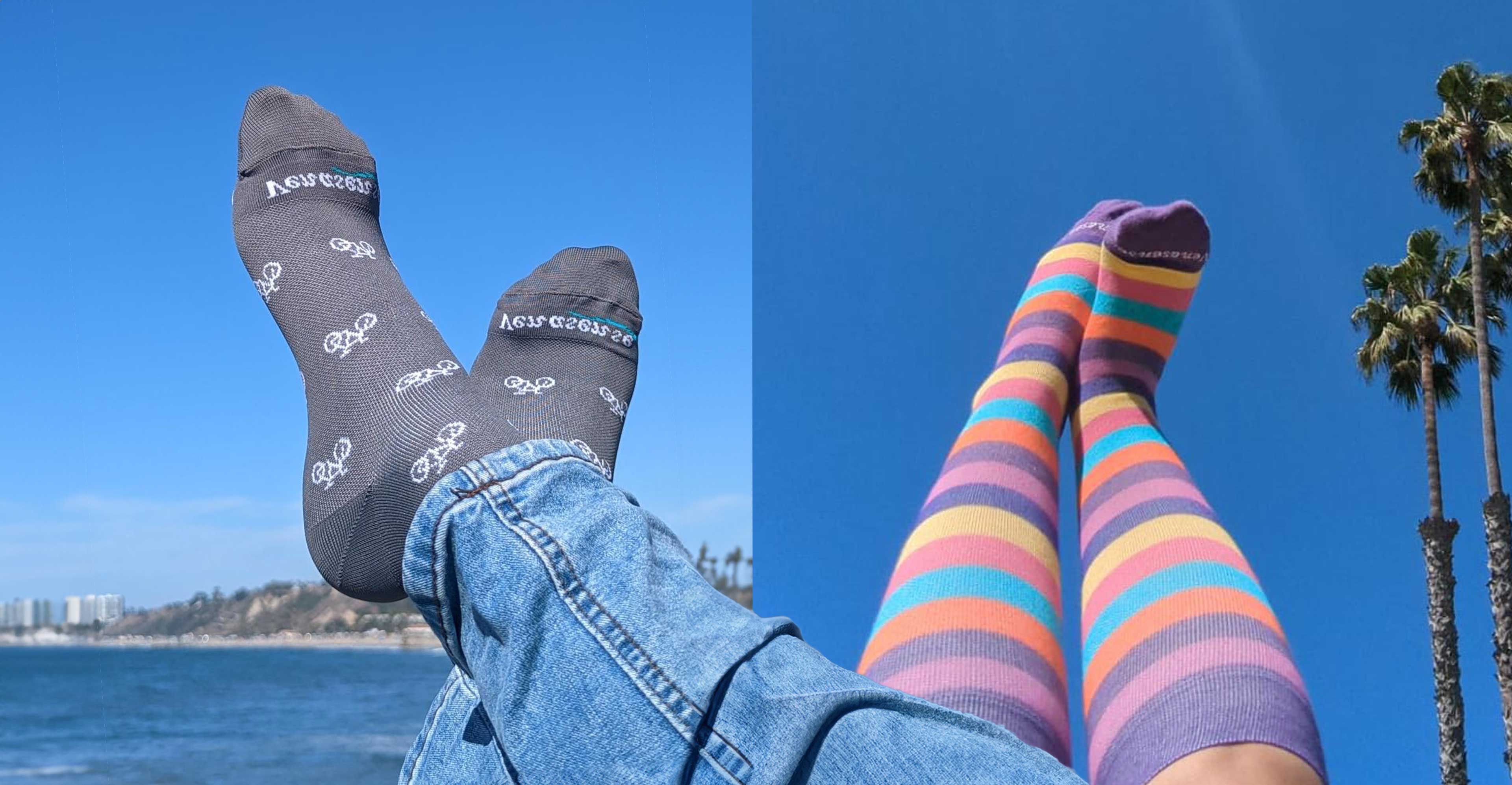 Compression socks with colors and bike patterns being used while having the feet on the sky