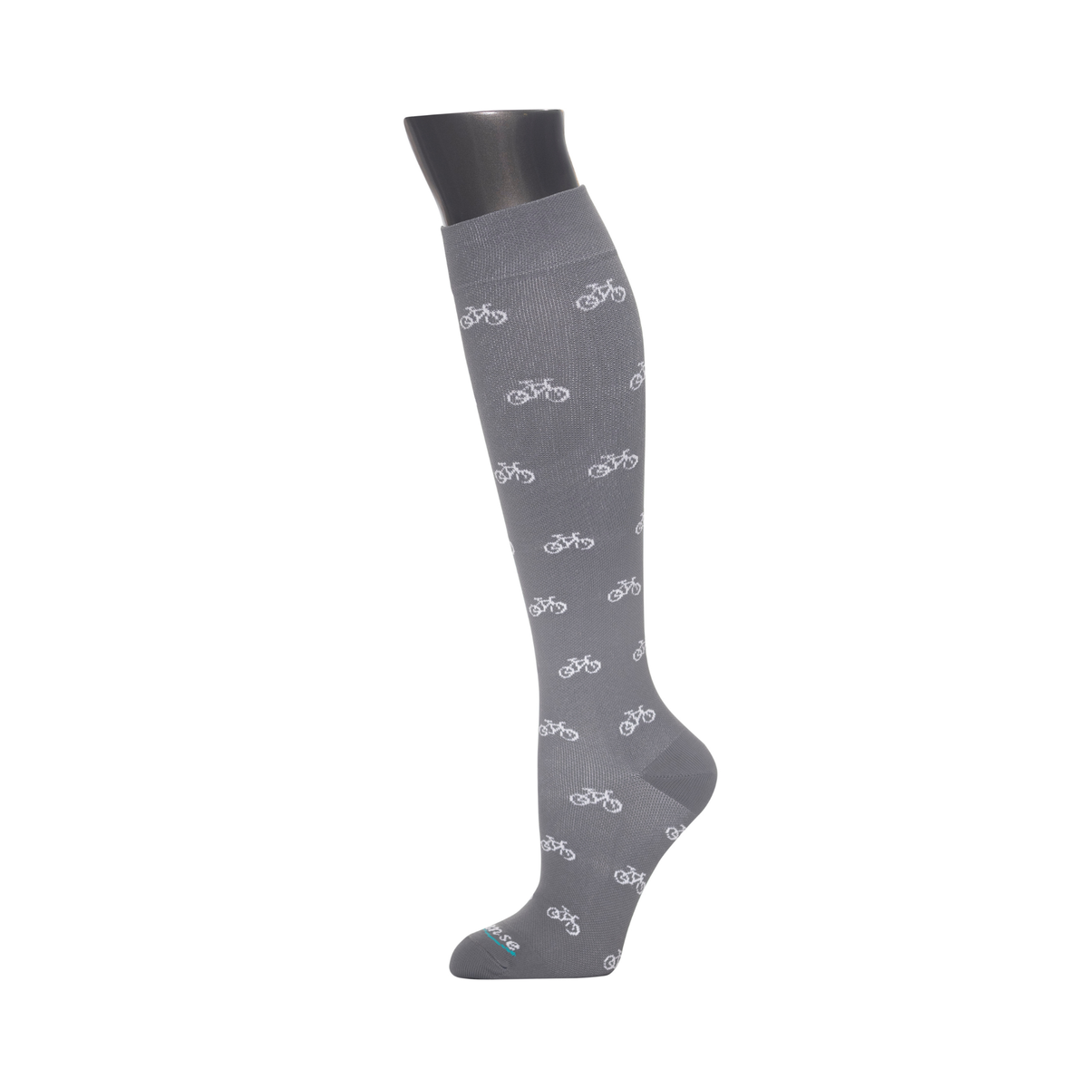 Knee-High Compression Socks in Gray Bicycles – on a mannequin leg, product photo