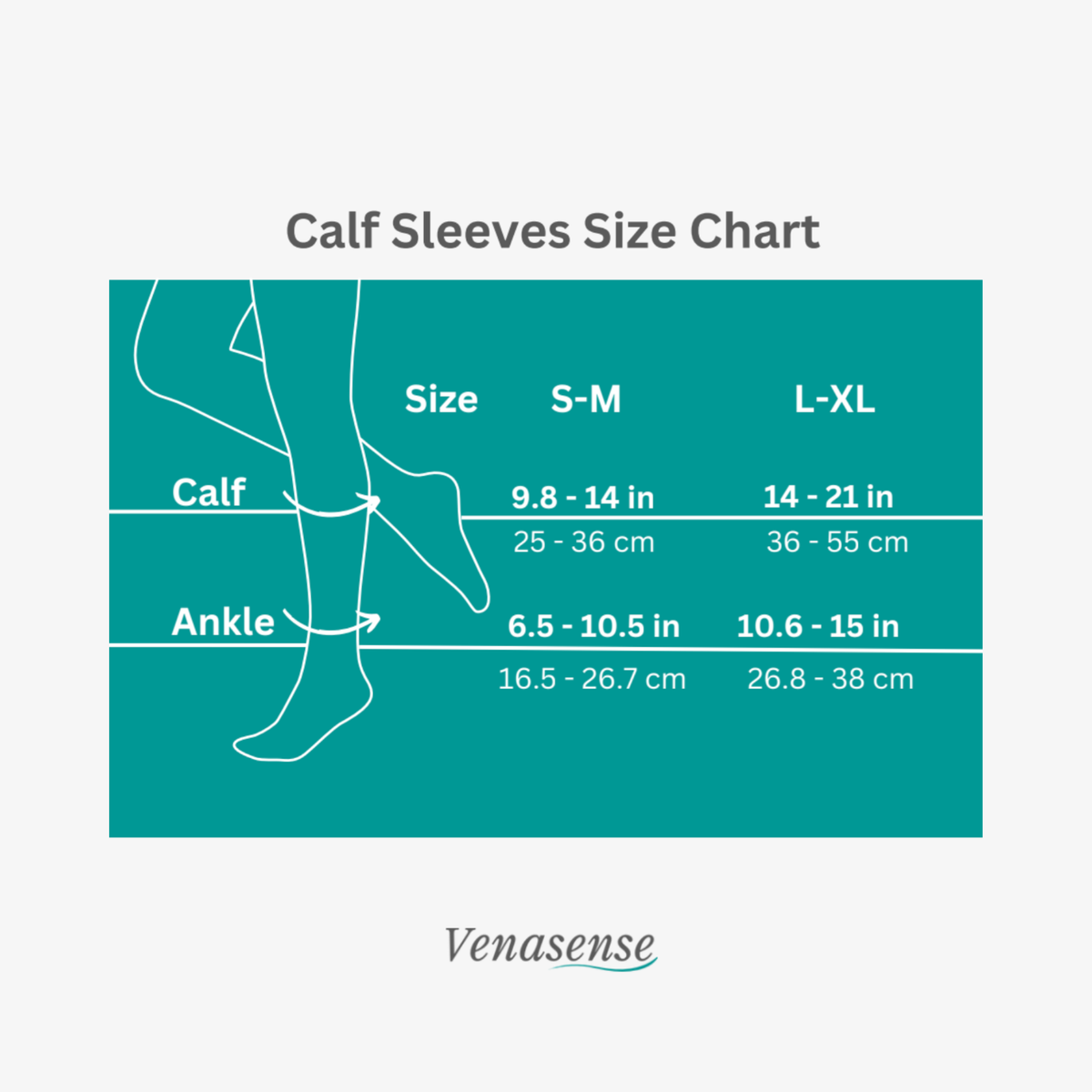 Venasense size chart for compression calf sleeves