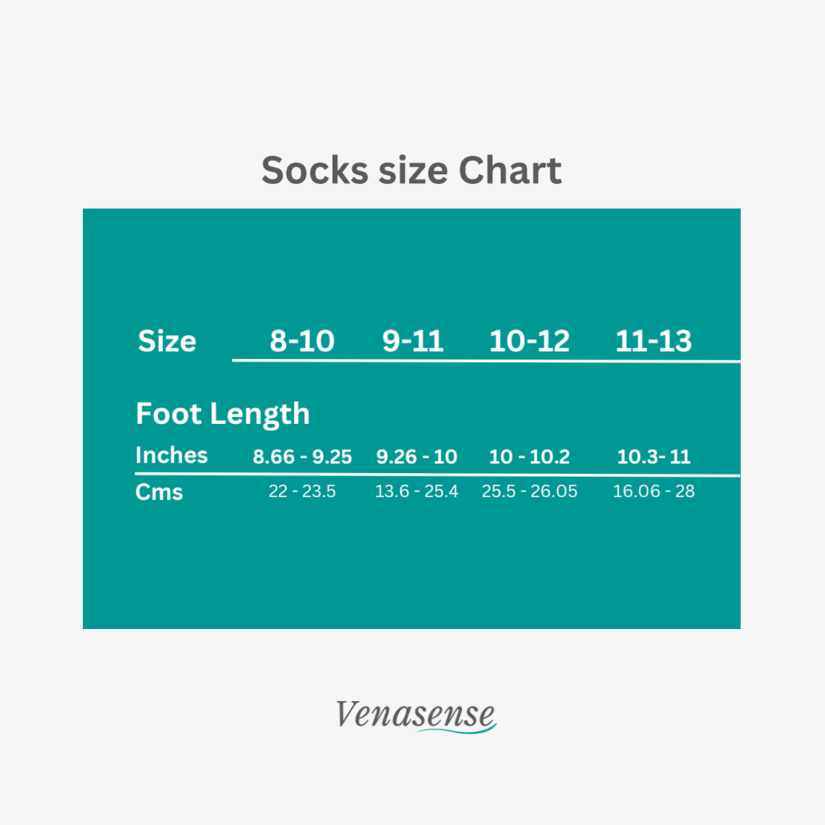 Venasense size chart for compression socks